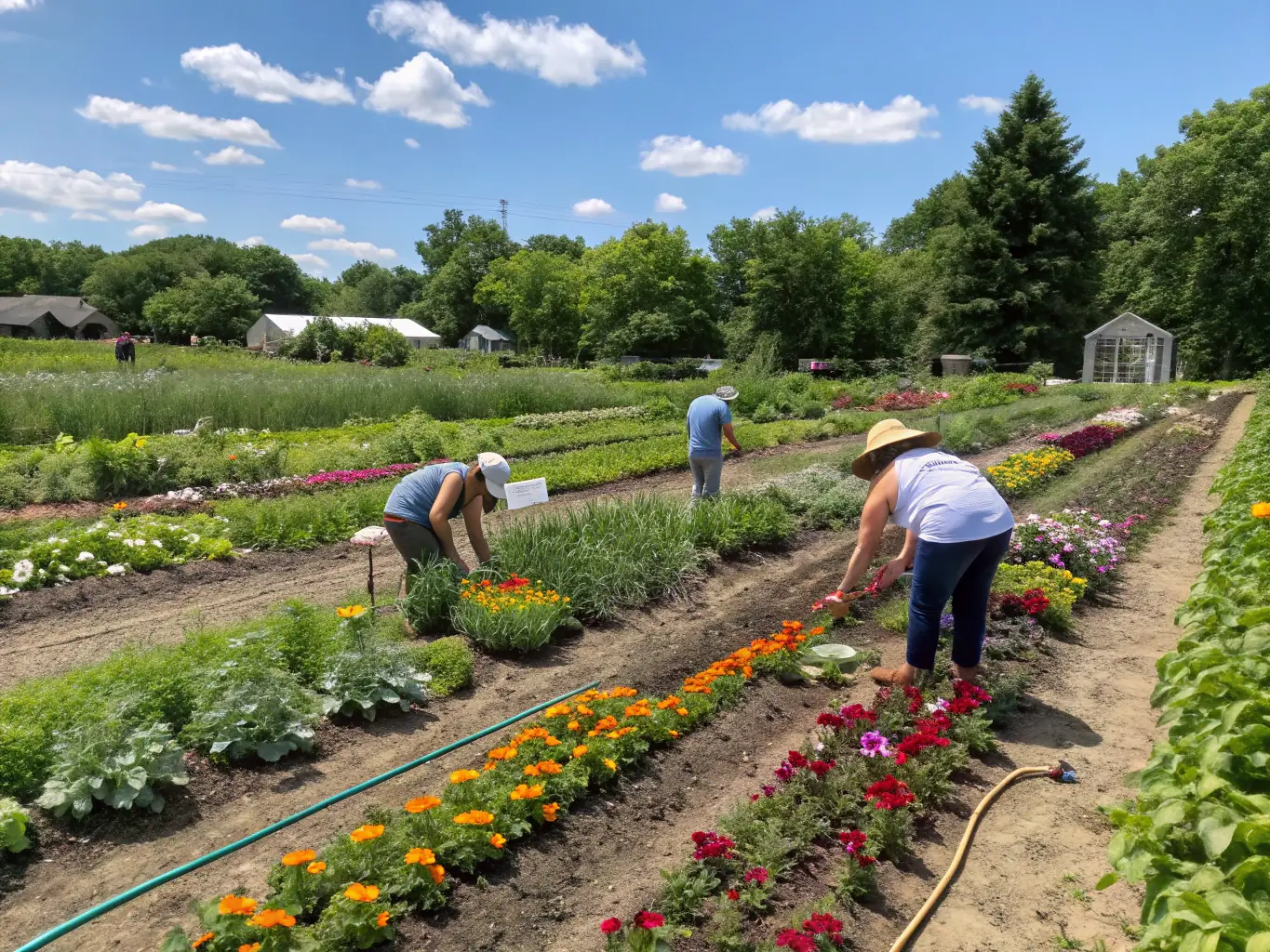 A vibrant community garden scene with diverse residents of all ages working together, planting vegetables and flowers, symbolizing community engagement and sustainable living.