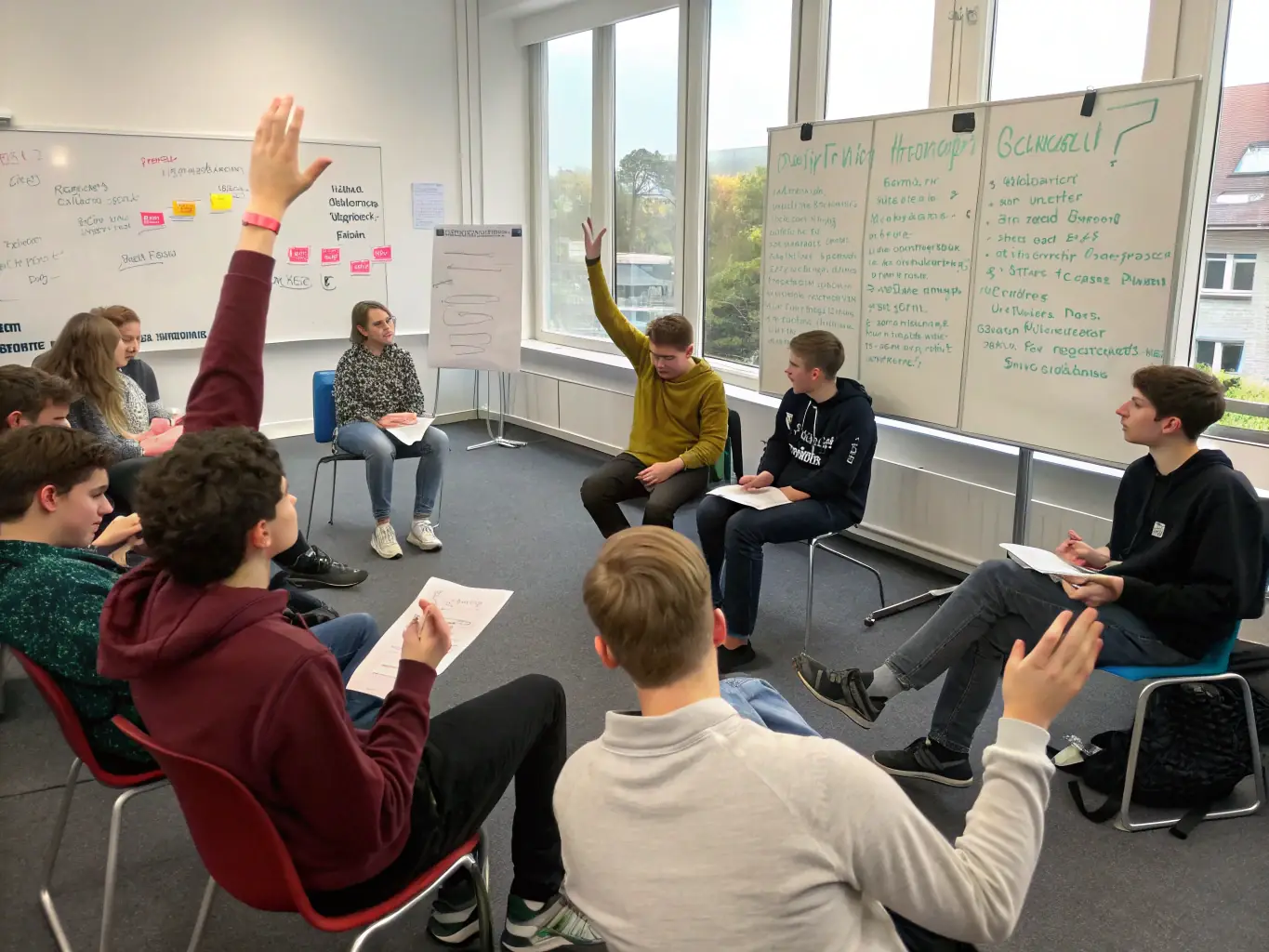 An image depicting a group of community members attending an educational seminar at COPAINS D'APRES, with a presenter leading a discussion and participants taking notes and asking questions.