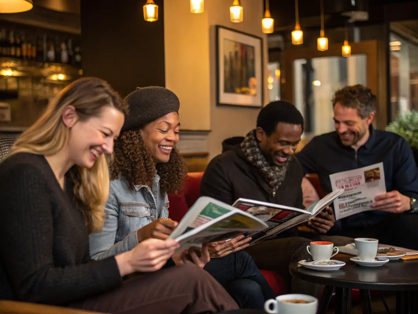 A heartwarming photograph of residents participating in a social gathering at the COPAINS D'APRES café, with people chatting, laughing, and enjoying each other's company in a relaxed and friendly atmosphere.