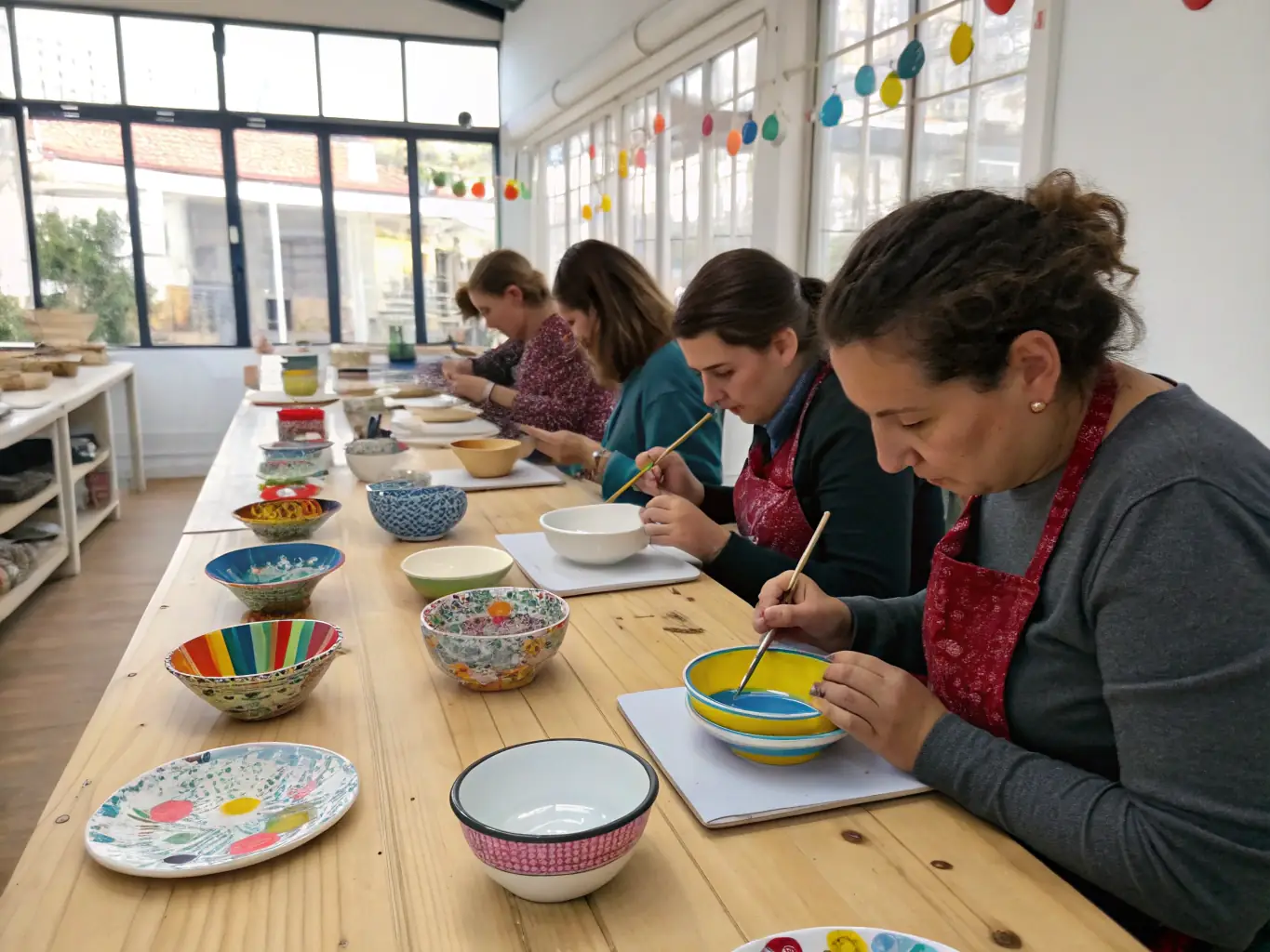 A photograph capturing a lively scene from a cultural workshop at COPAINS D'APRES, showcasing participants actively engaged in a creative activity, with smiles and expressions of joy visible on their faces.