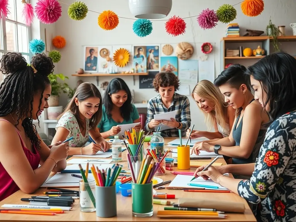 A lively scene from a cultural workshop, with participants engaged in creating art, crafts, or music, reflecting the organization's commitment to cultural dynamism and creativity.